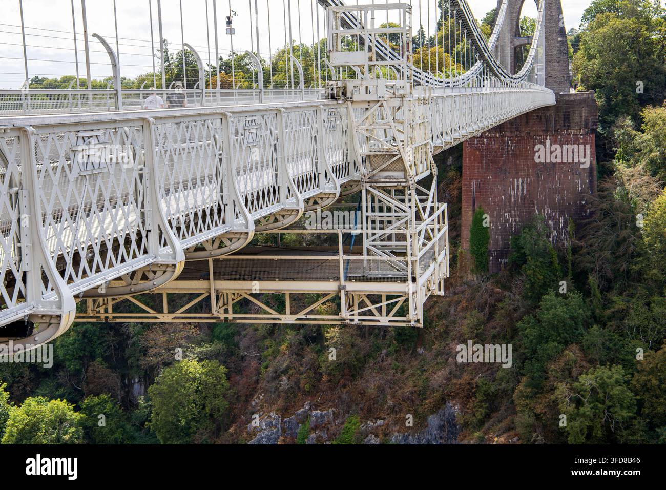 Pont suspendu en fer blanc de Clifton avec treillis en treillis enjambant la gorge et la rivière Avon boisées vues de côté Banque D'Images