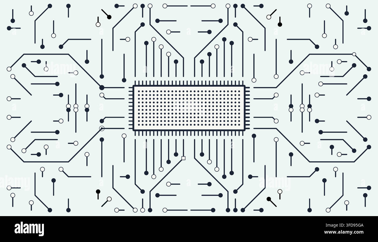 Arrière-plan de technologie numérique mettant en vedette un design stylisé de circuit électronique avec un microcircuit central et des lignes de données interconnectées Illustration de Vecteur