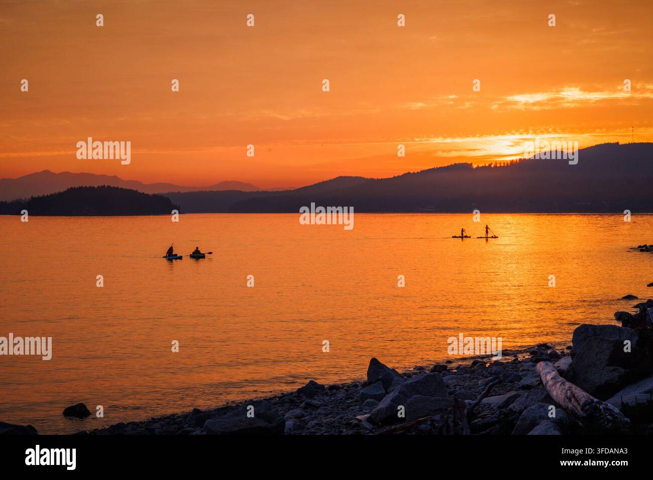 Des gens faisant du kayak et du stand up paddle au coucher du soleil à Davis Bay, Colombie-Britannique, Canada. Banque D'Images