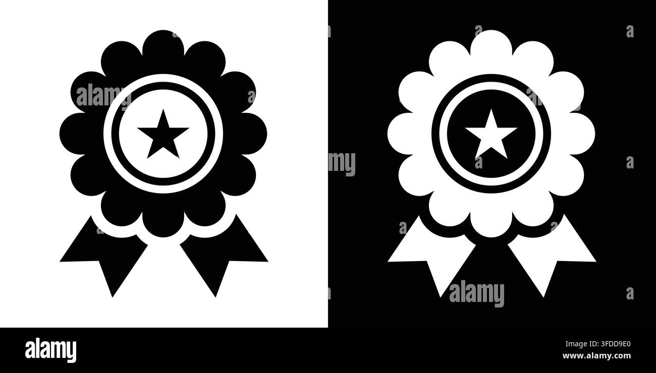 Ensemble d'icônes vectorielles de rosettes ruban de récompense avec étoile en style plat noir et blanc pour garantie de qualité et design de victoire Illustration de Vecteur