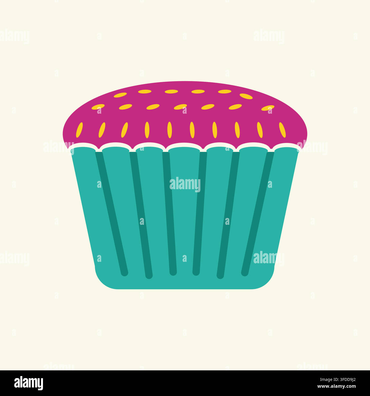 Illustration vectorielle d’un cupcake mignon et doux avec un glaçage rose et des vermicelles dans un papier sulfurisé bleu-vert pour la conception de boulangerie et de fête d’anniversaire Illustration de Vecteur
