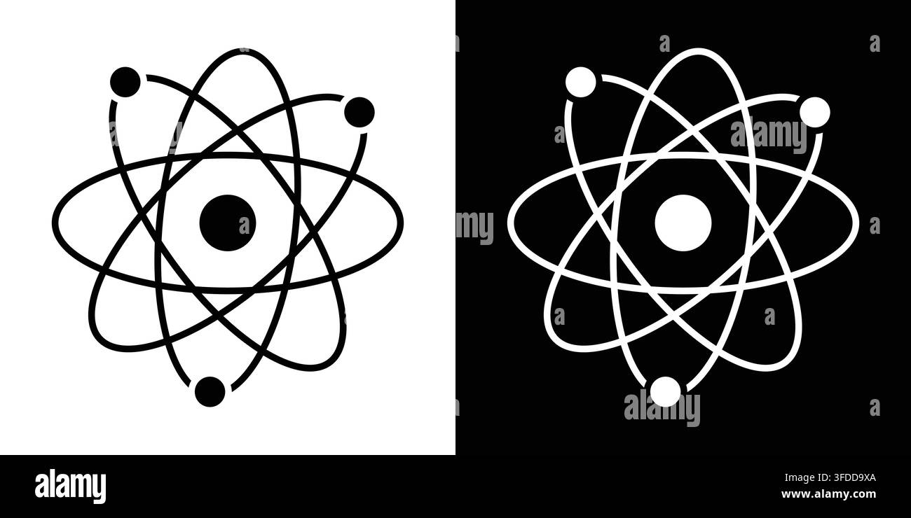 Ensemble d'icônes vectorielles de la structure atomique scientifique en style plat noir et blanc pour la physique, la chimie et la conception d'énergie nucléaire Illustration de Vecteur