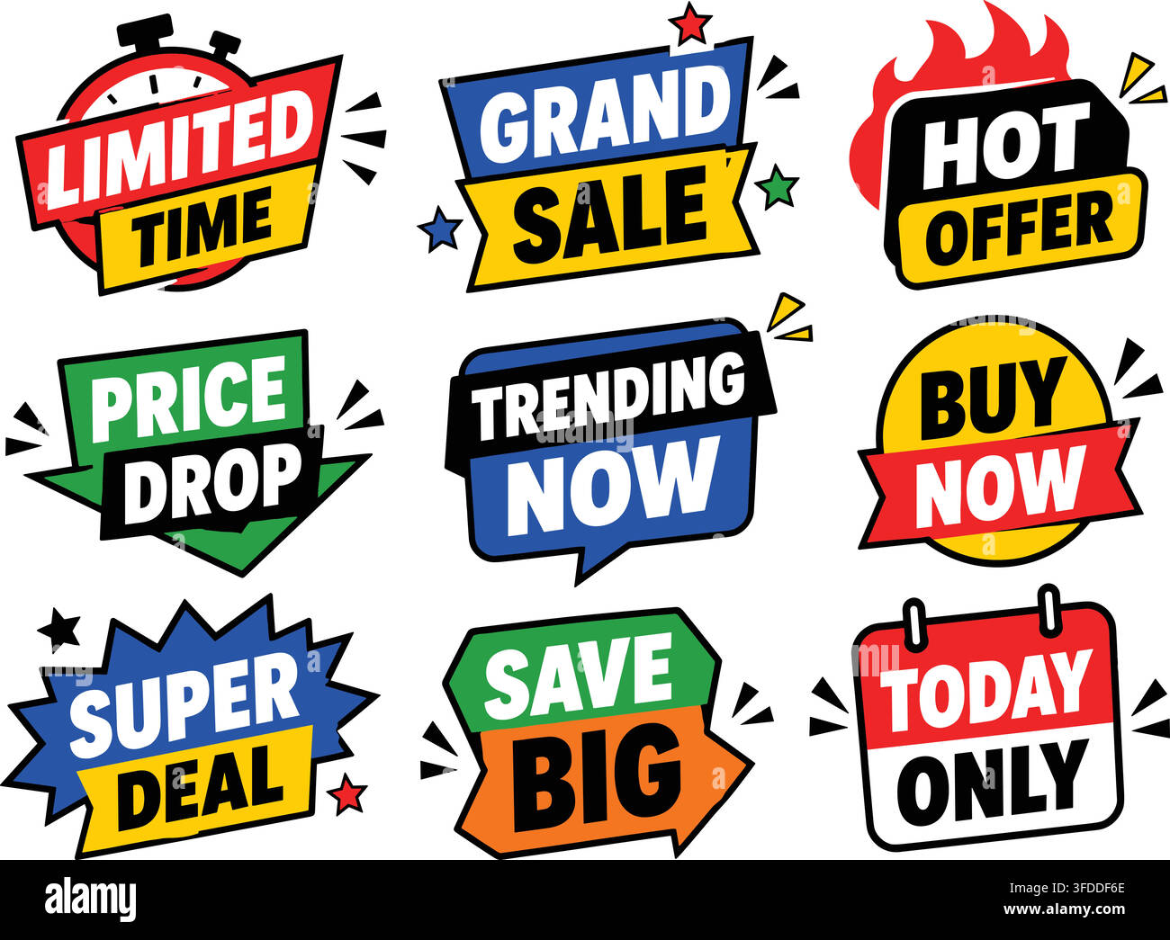 Étiquettes de marketing de détail de style bande dessinée colorées avec des phrases promotionnelles de grande vente pour une durée limitée et des super offres. Illustration de Vecteur
