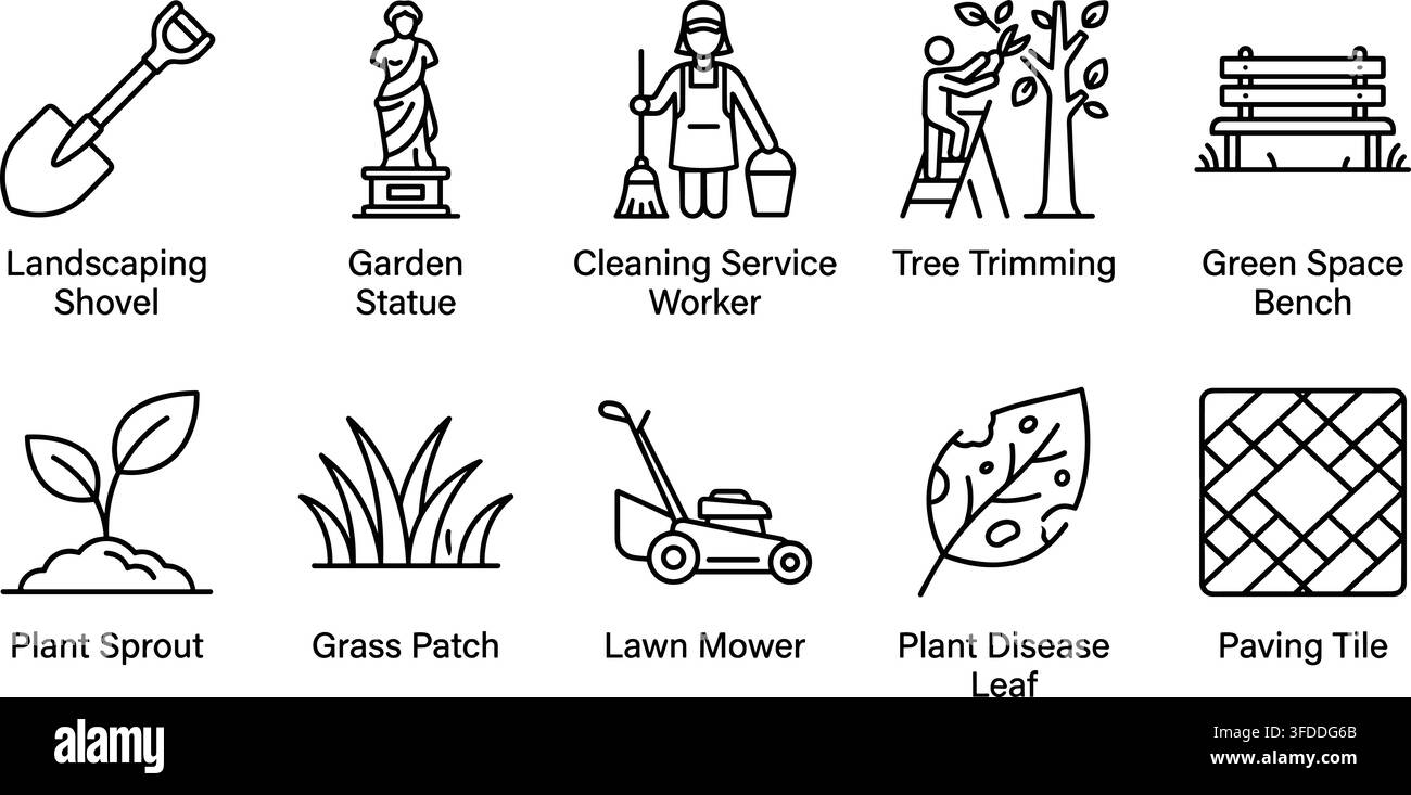 Ensemble d'icônes en ligne pour l'entretien de la pelouse comprenant une pelle, une statue, un nettoyeur, un ouvrier, la taille d'arbres, un banc, une plante, une tondeuse à gazon et du pavage. Illustration de Vecteur