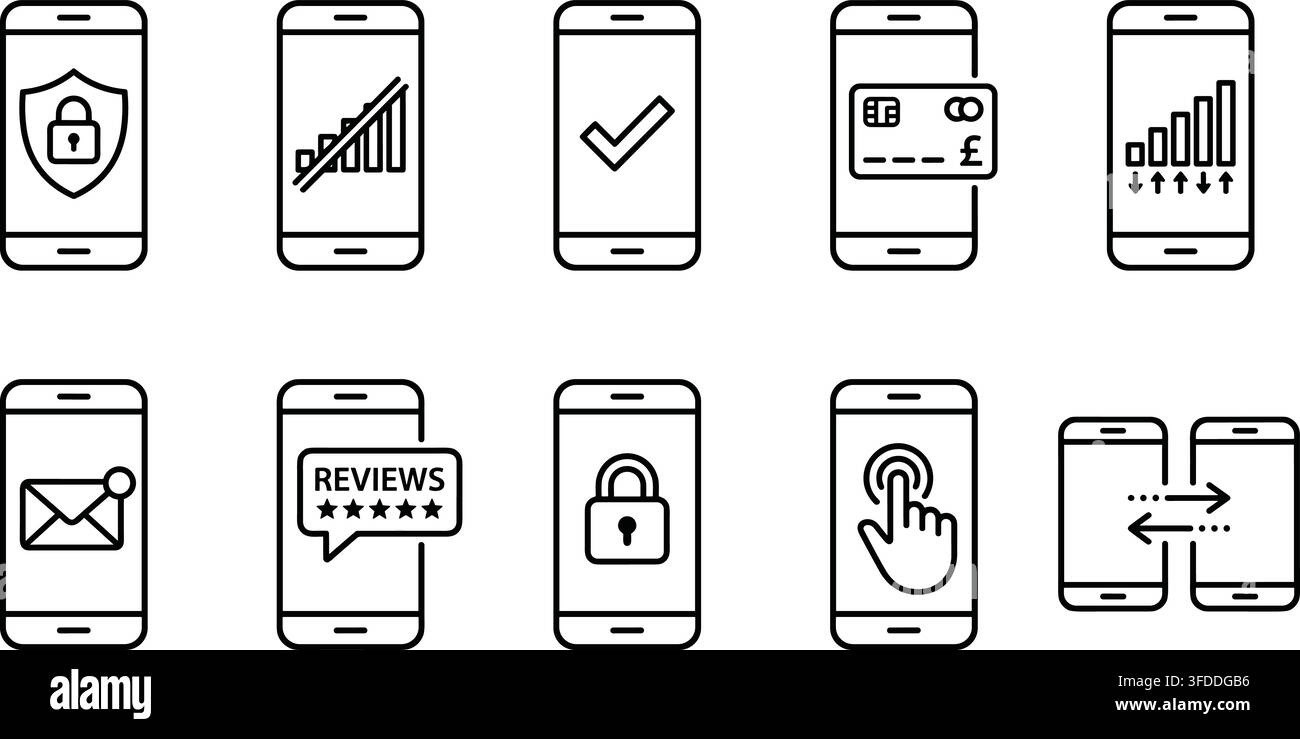 Ensemble d'icônes d'interface de technologie mobile avec verrouillage de sécurité, croissance des données, paiements en ligne, avis et synchronisation des données. Illustration de Vecteur