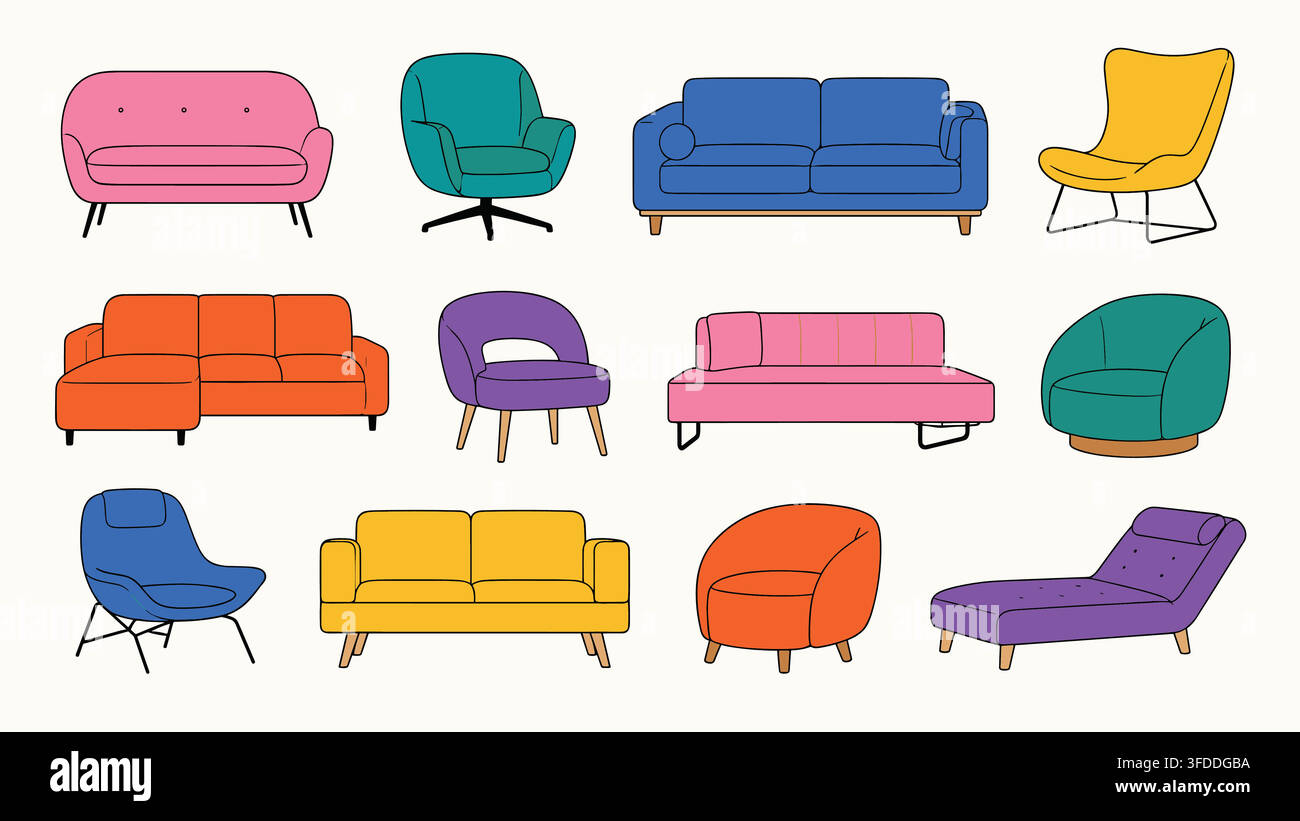 Ensemble de meubles modernes comprenant divers canapés, fauteuils et chaises longues colorés pour un design d'intérieur contemporain. Illustration de Vecteur
