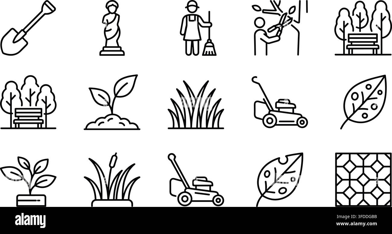Collection d'icônes en ligne pour l'entretien des parcs avec statue de pelle balayeuse jardinier banc tondeuse à gazon roseau et pavage. Illustration de Vecteur