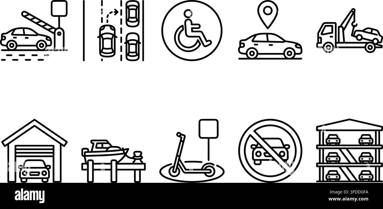 Icônes de service de stationnement et de transport automobile mettant en vedette des symboles de véhicules et des panneaux de signalisation en style linéaire. Illustration de Vecteur