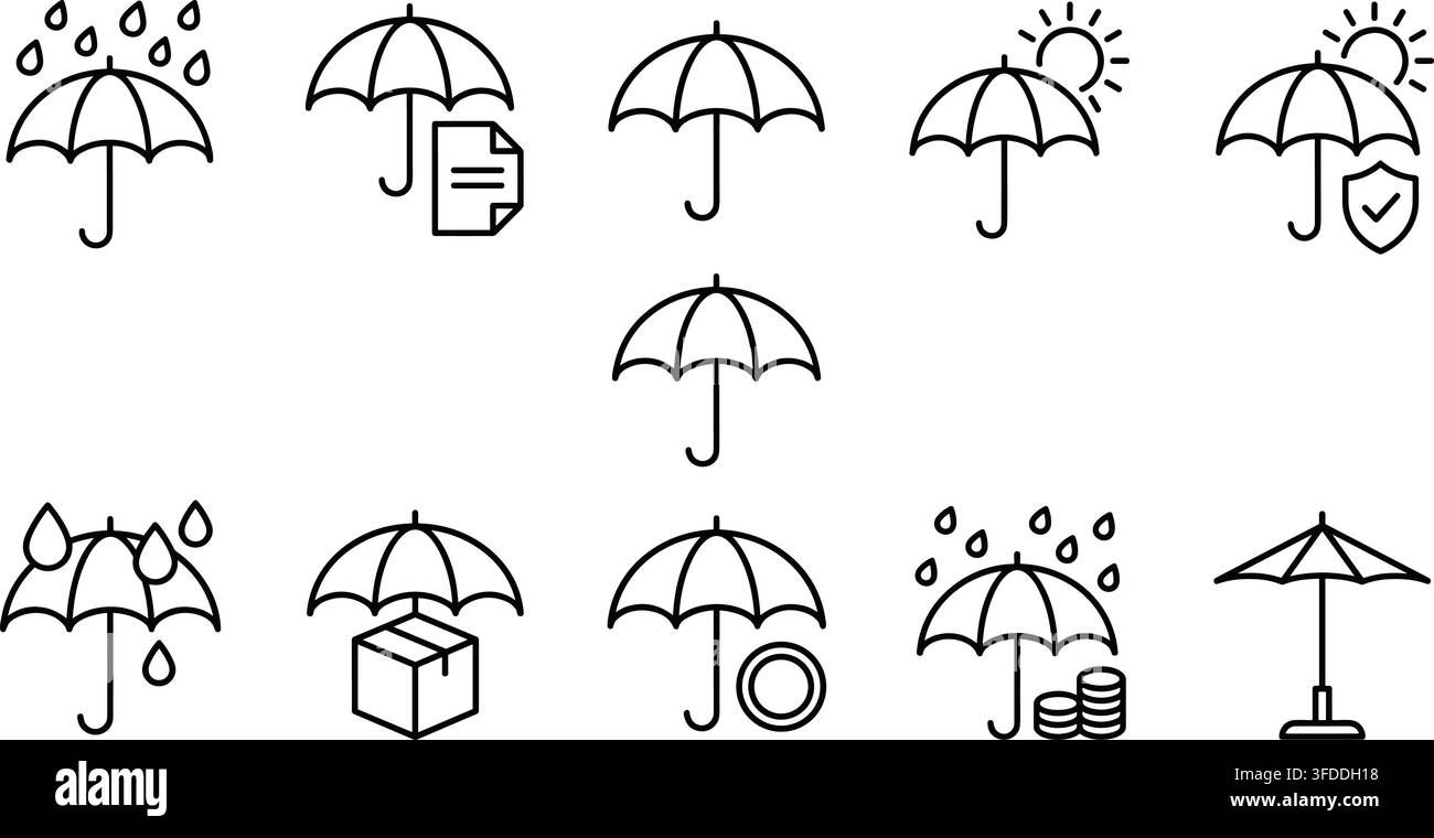 Icônes d'assurance de protection parapluie mettant en avant une couverture financière contre la pluie et une sécurité météorologique en art linéaire plat. Illustration de Vecteur