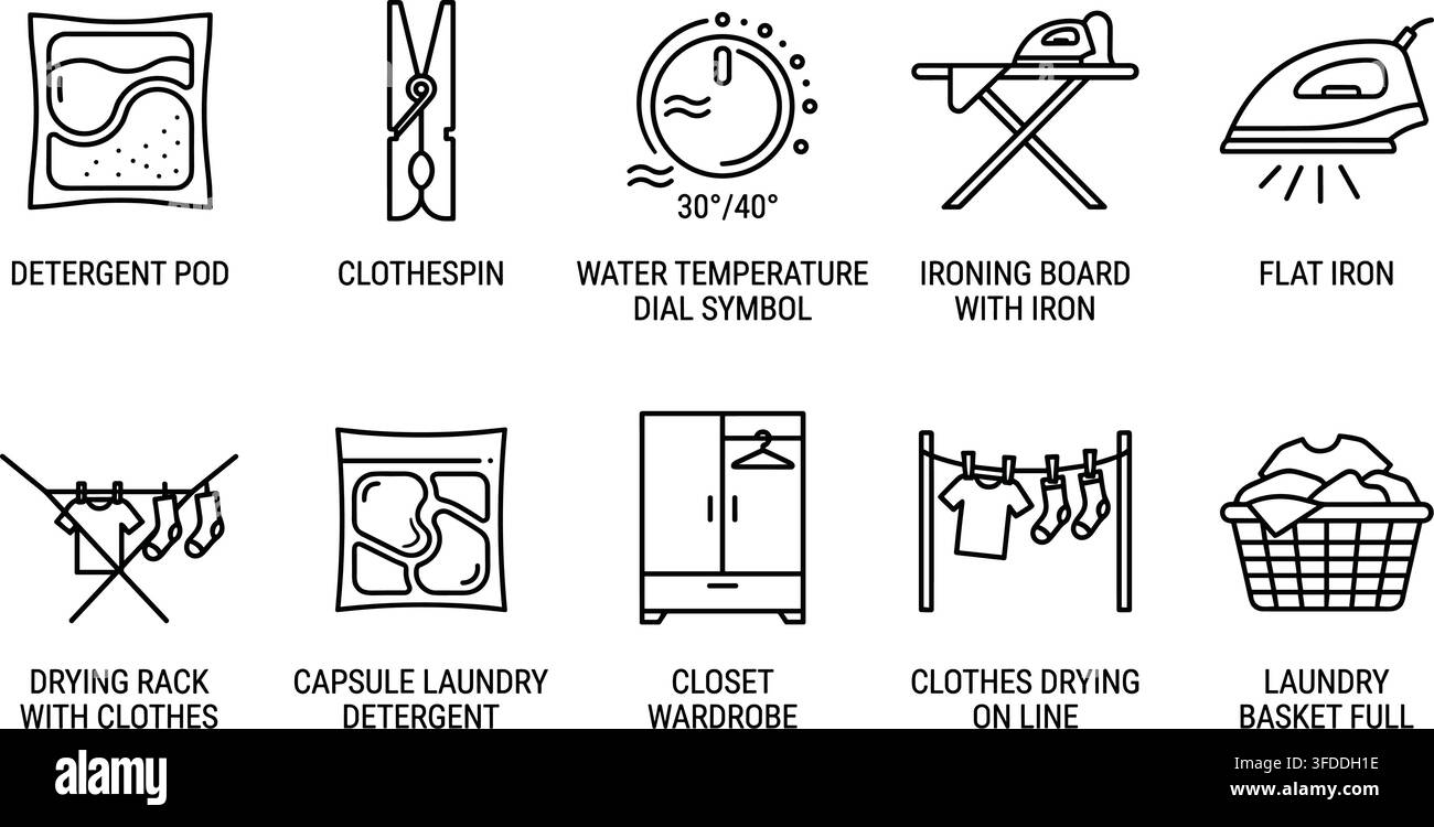 Icônes de lavage et séchage de linge, silhouettes noires minimalistes pour la gestion du linge et l'hygiène des vêtements. Illustration de Vecteur