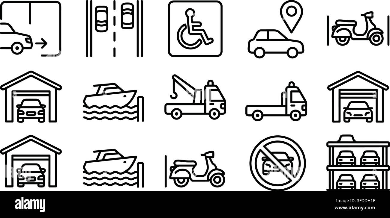 Ensemble d'icônes de services de stationnement de véhicules et de logistique de transport pour des solutions de signalisation de navigation urbaine. Illustration de Vecteur