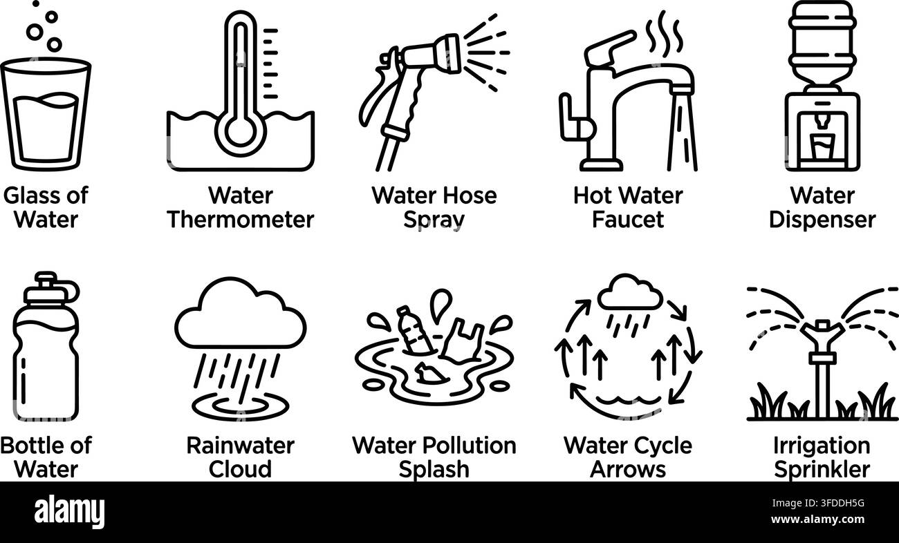 Ensemble d'icônes de ressources en eau et de lignes d'irrigation comprenant un robinet en bouteille en verre, un nuage de pluie et des illustrations de cycle. Illustration de Vecteur