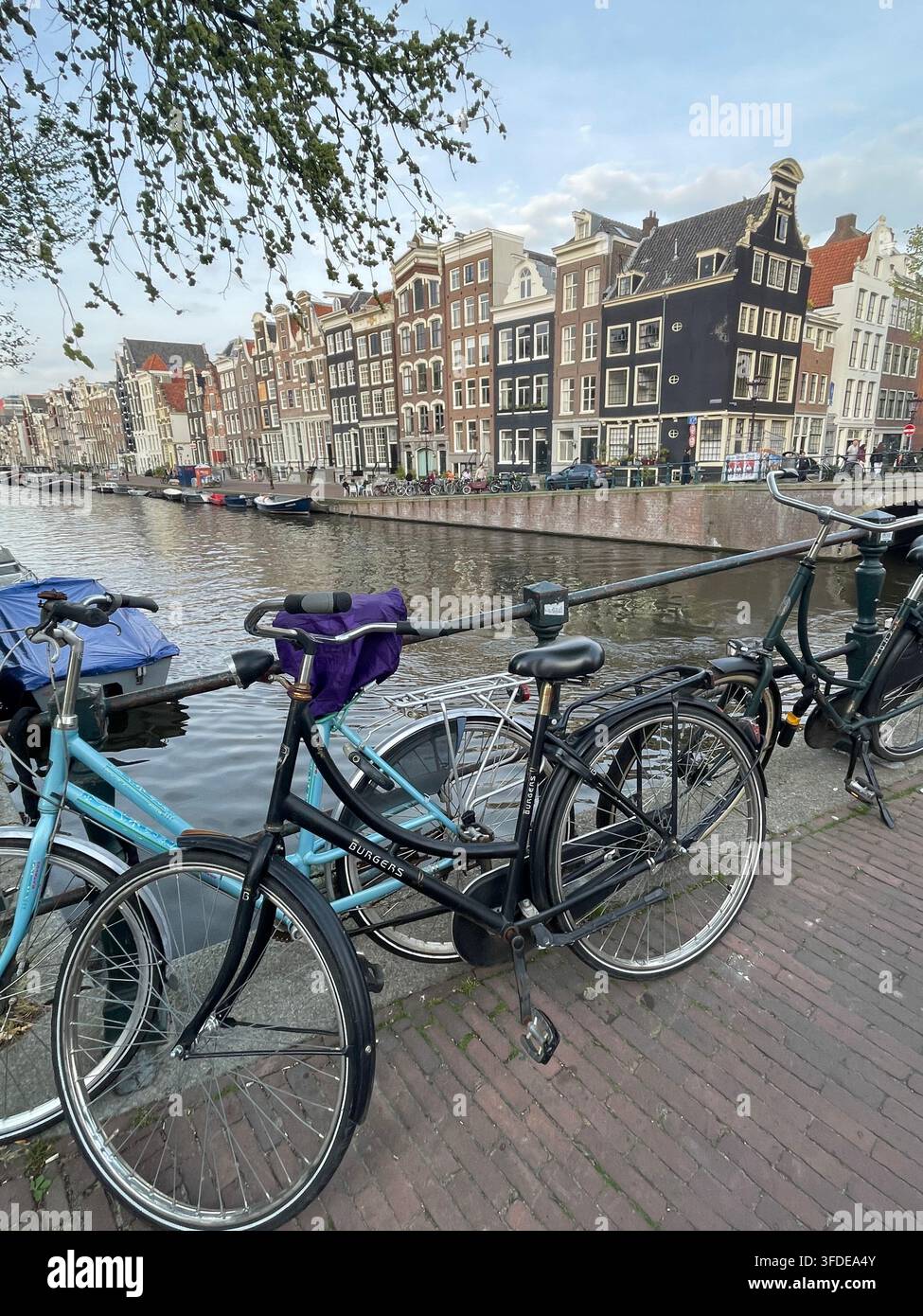 Les vélos sont enchaînés et verrouillés aux rampes d'un pont au-dessus d'un canal à Amsterdam Banque D'Images