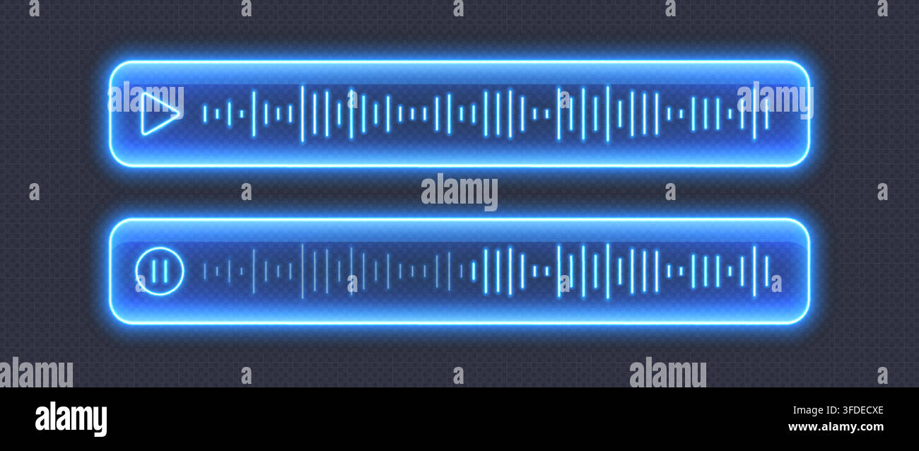 Message vocal néon, lecteur audio bleu lumineux avec ondes sonores. Illustration de Vecteur