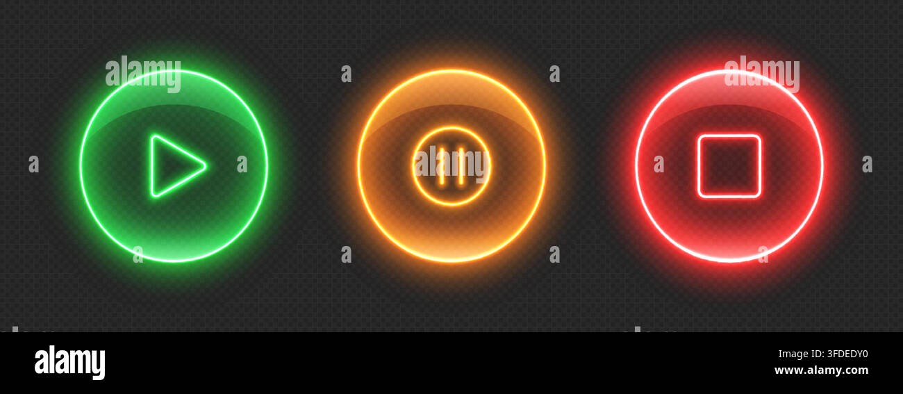 Boutons néon du lecteur multimédia. Icônes de contrôle audio brillantes. Illustration de Vecteur