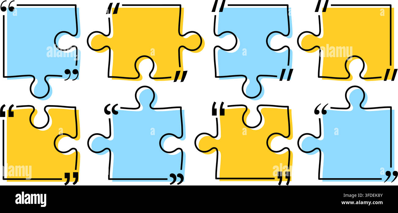 Pack de titres de boîte de citation isolé. Cadres de citation de style puzzle jaune et bleu. Bordures de boîte de message d'information de texte de dialogue. Citation de marque de dialogue Illustration de Vecteur