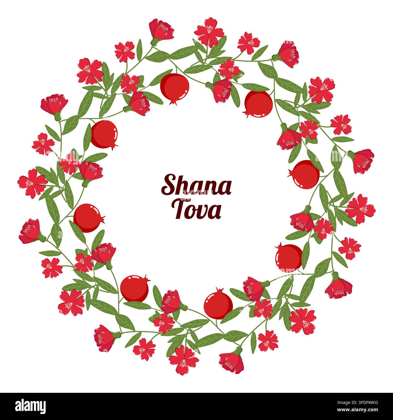 Couronne décorative de Rosh Hashanah avec des grenades, des fleurs rouges et des feuilles vertes entourant le texte Shana Tova, symbolisant les bénédictions, l'abondance et la joie Banque D'Images