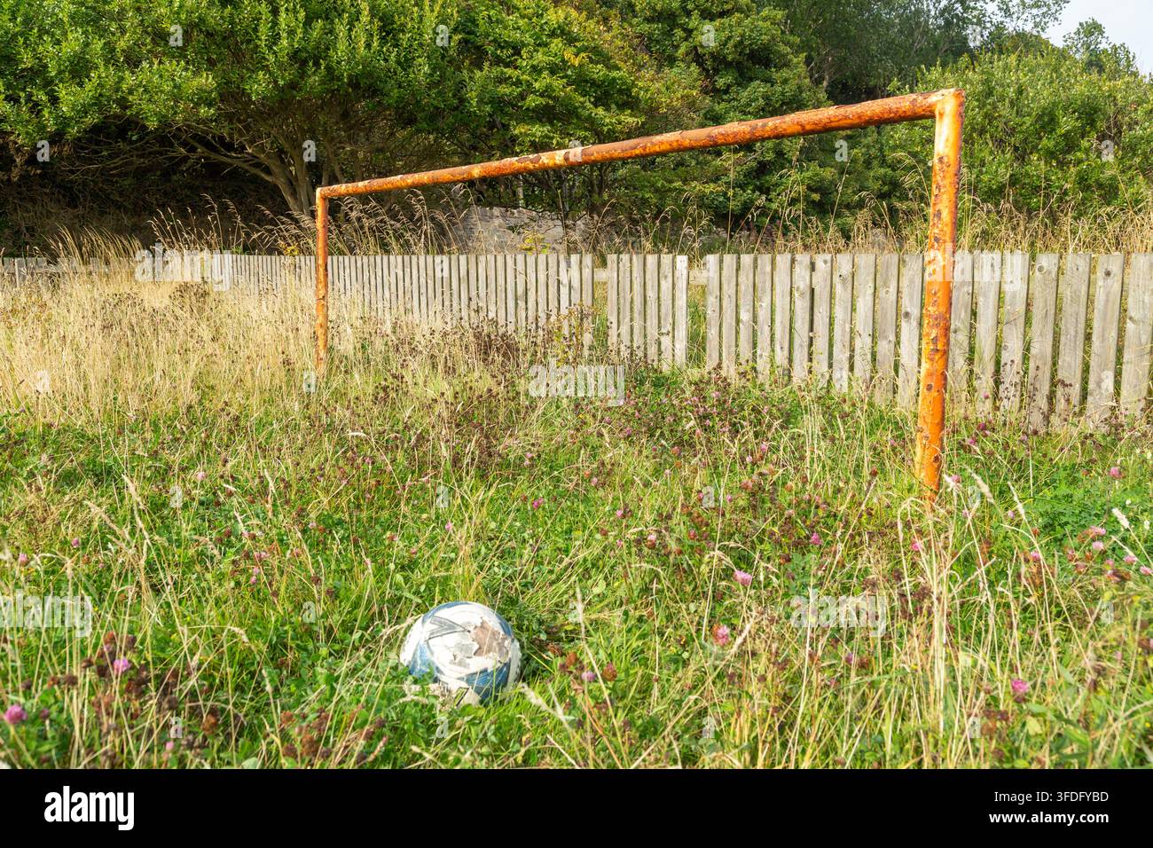 Terrain de football abandonné. Herbe envahissante sur le terrain de jeu Banque D'Images