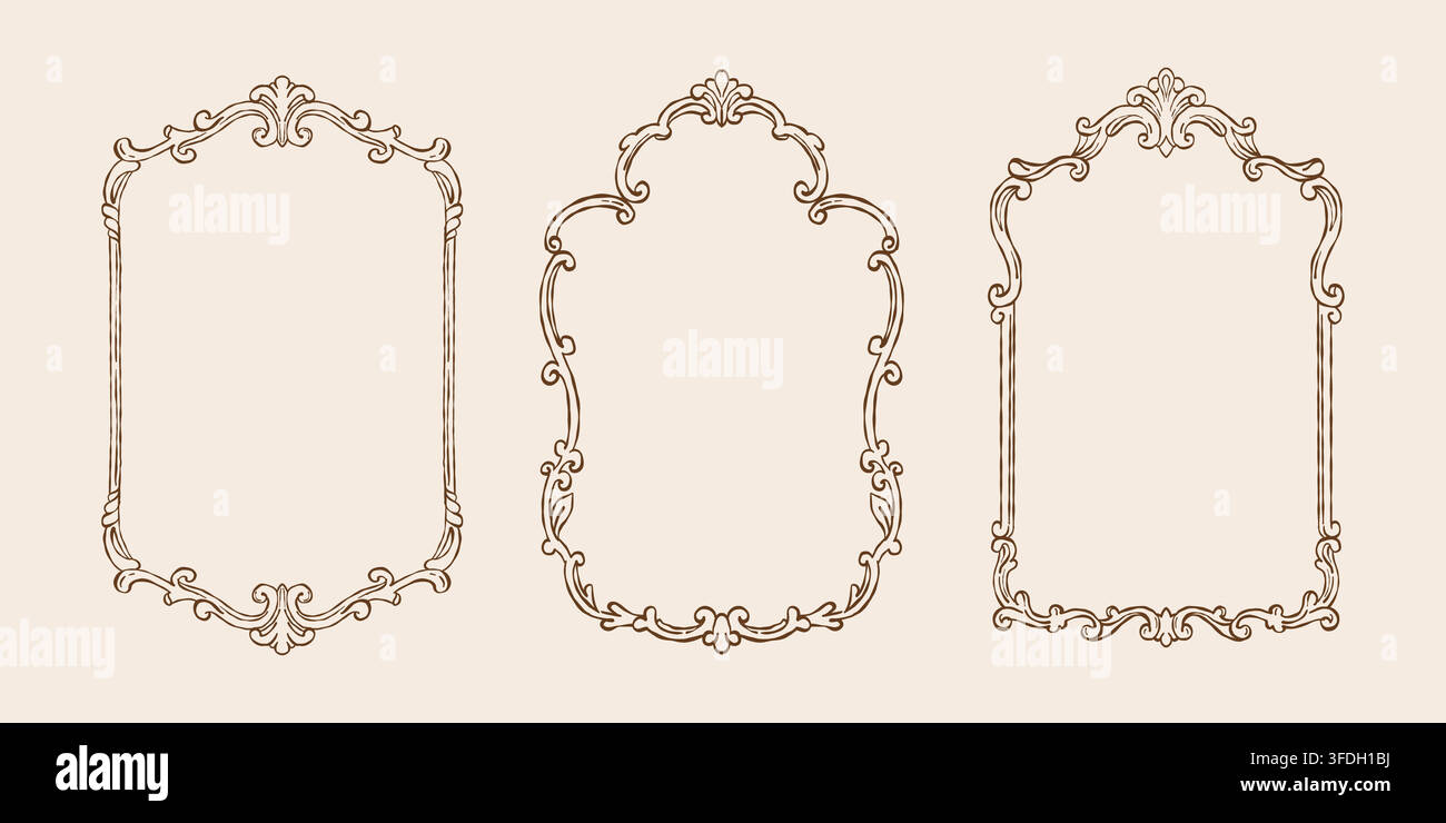 Un ensemble vintage de cadres dans les styles baroque et rococo. Cadres classiques avec des volutes de feuilles et de fleurs dessinées à la main. Cadres fantaisistes de style victorien pour invitations de mariage et cartes. Illustration de contour vectoriel Illustration de Vecteur