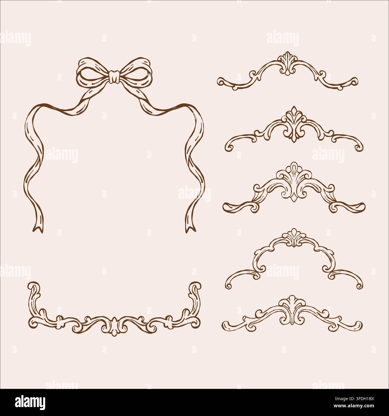 Un ensemble vintage de cadres de styles baroque et rococo. Cadres classiques avec des nœuds et des fleurs dessinés à la main. Cadres de style victorien fantaisistes pour les invitations de mariage et les cartes. Illustration de contour vectoriel Illustration de Vecteur