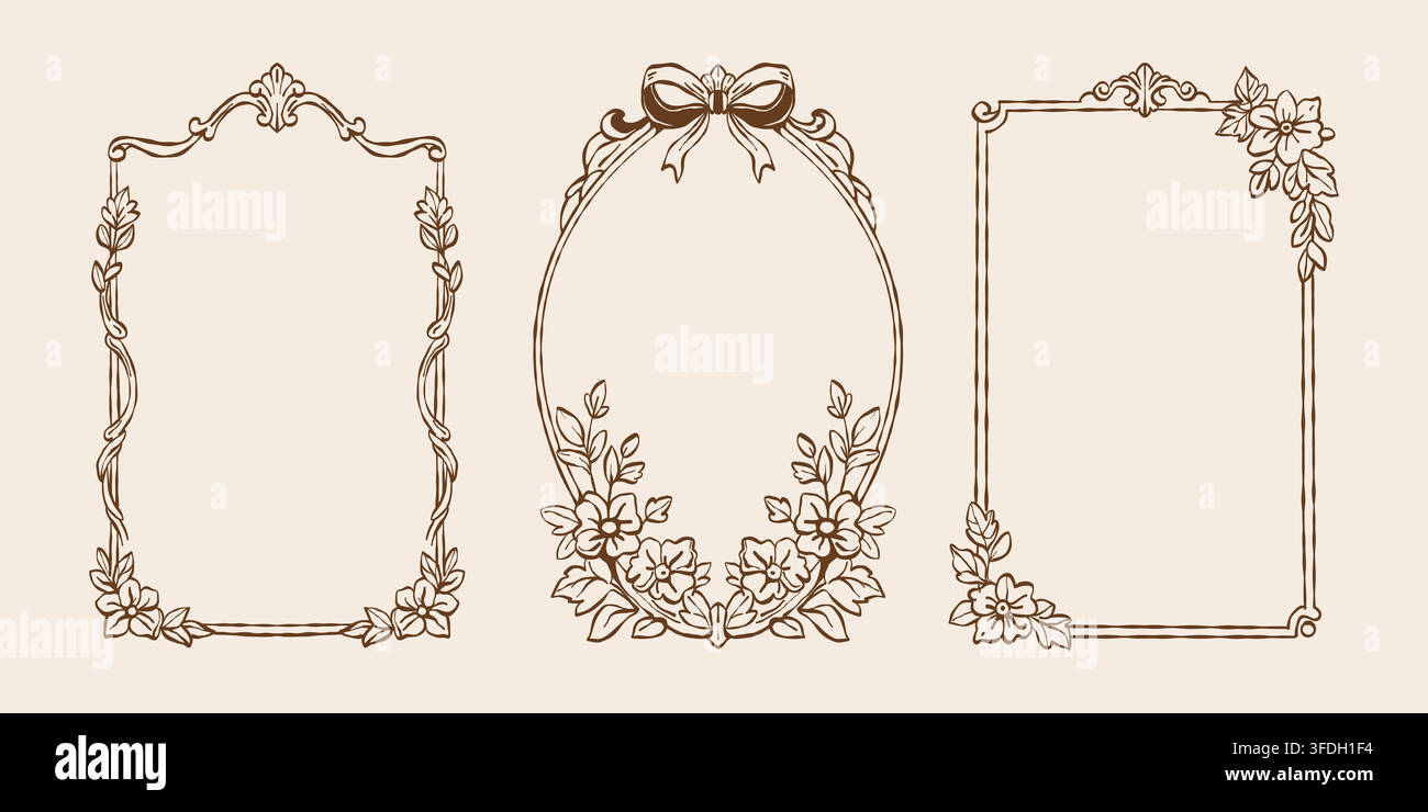 Un ensemble vintage de cadres de style baroque et rococo. Cadres classiques avec des fleurs et des nœuds dessinés à la main. Cadres de style victorien fantaisistes pour invitations de mariage et cartes. Contour vectoriel Illustration de Vecteur
