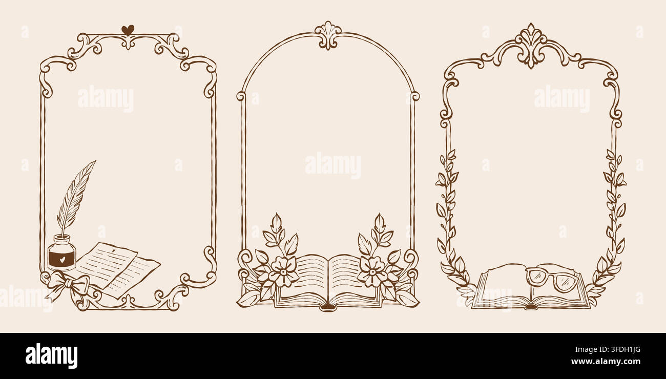 Un ensemble de cadres classiques vintage sur le thème des livres et de la lecture dans les styles rococo et baroque. Clipart vectoriel brun en trait. Illustration linéaire Illustration de Vecteur