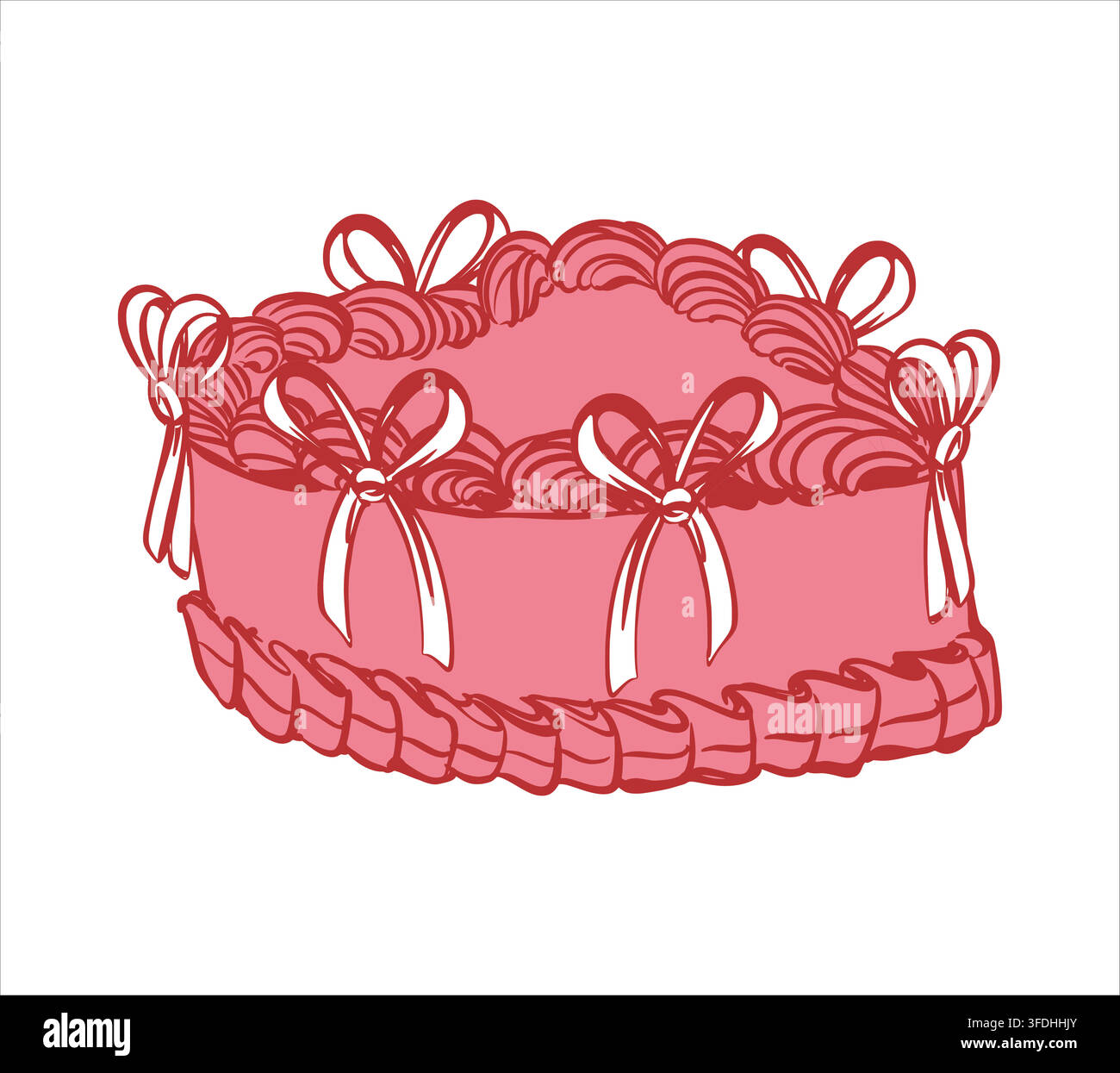 Image vectorielle d'un gâteau. Dessert de style vintage avec des nœuds blancs délicats. Gâteau en forme de cœur avec des bords ondulés et des tourbillons de crème. Pour les invitations d'anniversaire, les cartes de vœux, les bannières de fête. Style rétro plat. Illustration de Vecteur