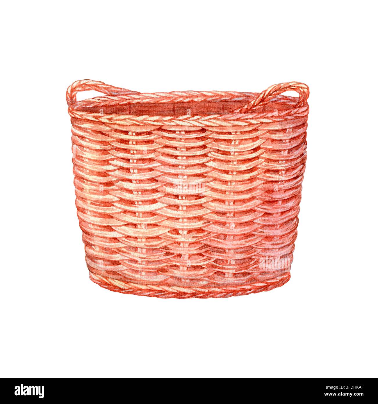 Illustration isolée d'aquarelle de panier en osier vide. Clipart de panier en bois dessiné à la main pour la récolte d'automne, Thanksgiving, pique-nique, rangement d'intérieur Banque D'Images
