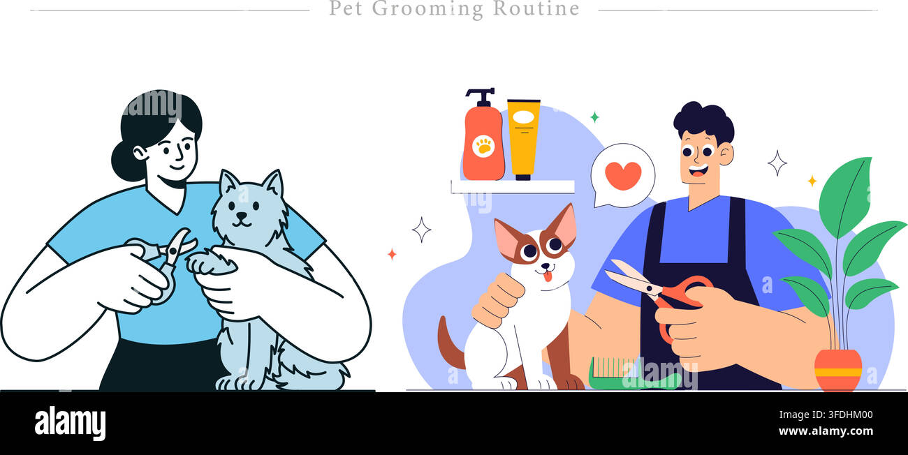 Ensemble d'illustrations vectorielles d'une routine de soins pour animaux de compagnie montrant une femme coupant les griffes d'un chat et un toiletteur masculin taillant le pelage d'un chien avec des ciseaux et un peigne. Illustration de Vecteur