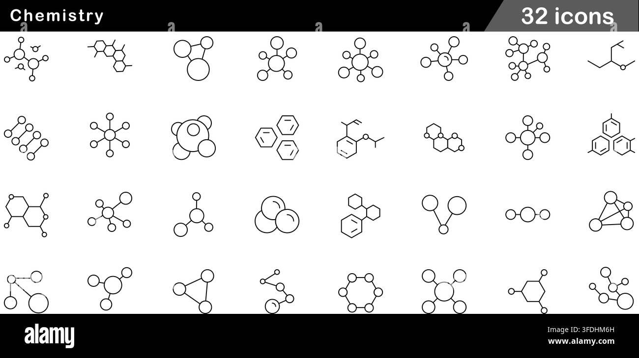Ensemble d'illustrations vectorielles de 50 icônes de chimie présentant des structures moléculaires, des liaisons chimiques, des cycles benzéniques, des orbites atomiques et des symboles de ligne scientifique. Illustration de Vecteur