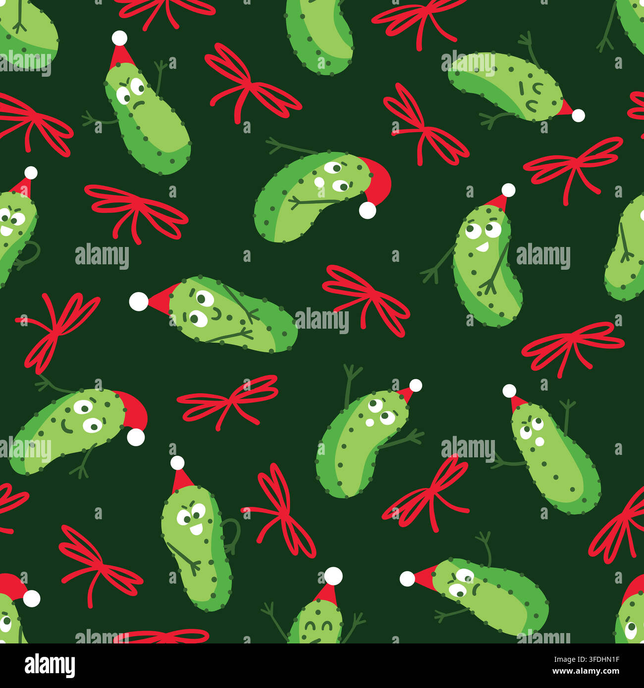 Motif sans couture de cornichons de Noël amusants représentant des personnages de cornichons en cartoon avec des chapeaux de Père Noël rouges et des nœuds sur un fond vert foncé. Concept de fête Illustration de Vecteur