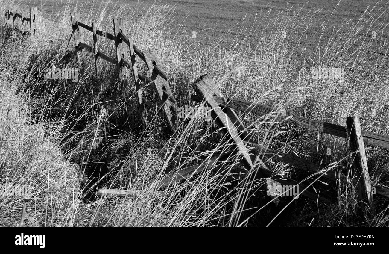 Clôture en bois cassée montrée du coin supérieur gauche au coin inférieur droit au bord du champ entouré d'herbes et en bonne lumière Banque D'Images