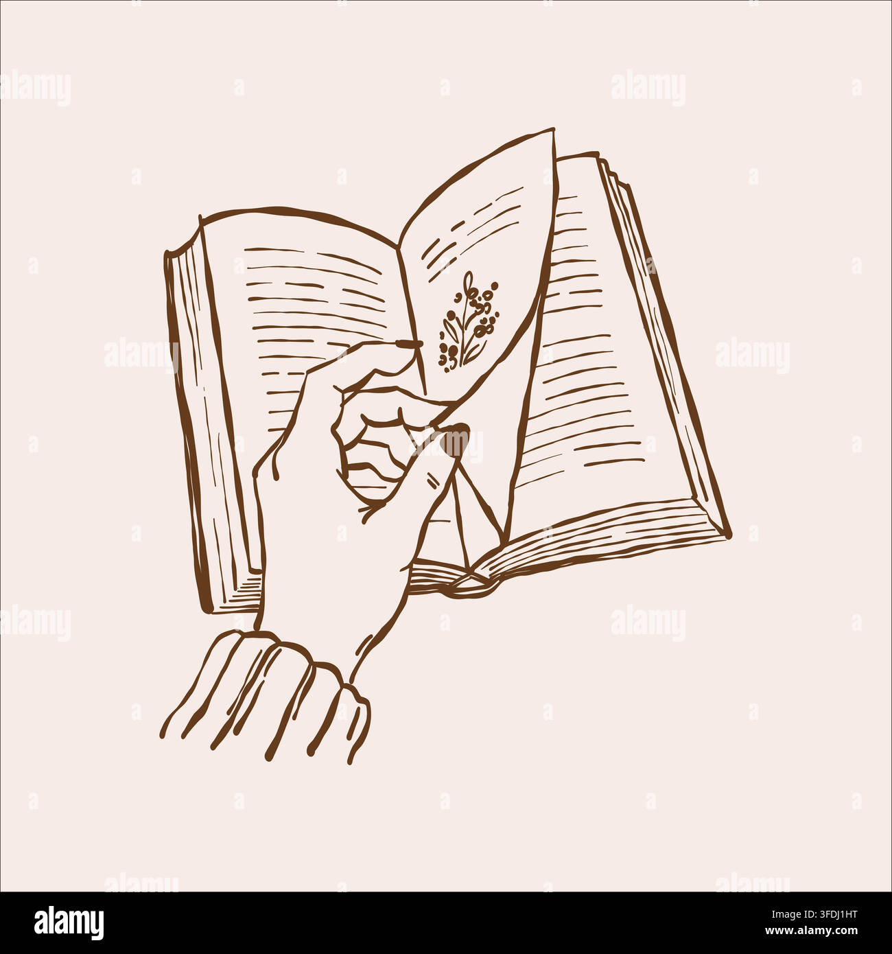 Main de fille feuilletant un livre. Croquis vintage sur le thème des livres, de l'apprentissage et de la lecture. Club de lecture féminin. Illustration de croquis en ligne vectorielle. Amateurs de livres Illustration de Vecteur