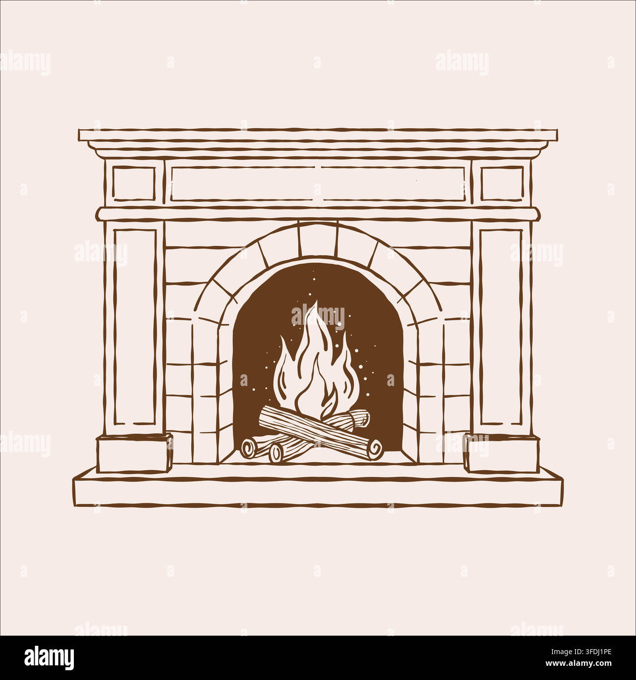 Une esquisse vectorielle représentant une cheminée en flammes avec des textures de pierre et de brique. Une illustration linéaire d'une cheminée antique pour des intérieurs de maison chaleureux. Illustration vectorielle Illustration de Vecteur