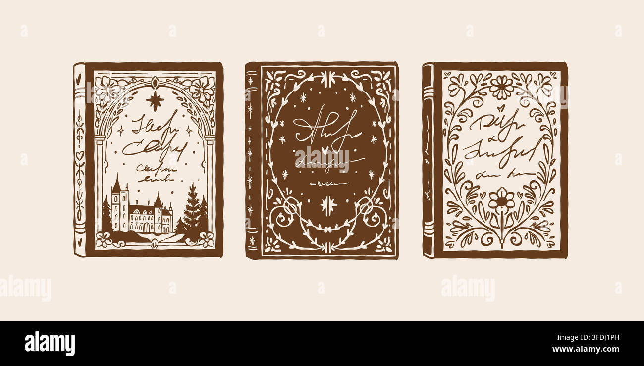 Collection de livres classiques. Ensemble de couvertures de livres décoratives élégantes avec des motifs floraux. Illustration vectorielle en contours bruns. Illustration de Vecteur