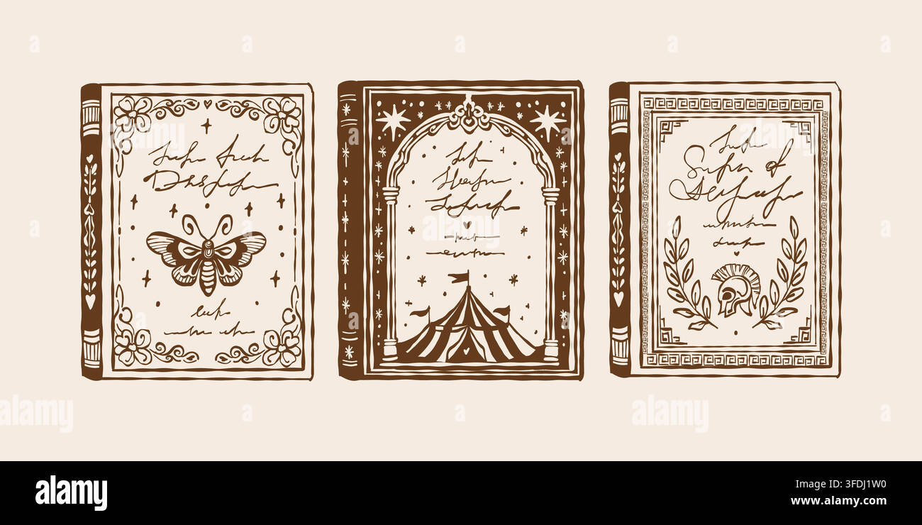 Ensemble de couvertures de livres décoratives élégantes avec des motifs floraux. Collection de livres classiques. Illustration vectorielle en trait marron. Illustration de Vecteur