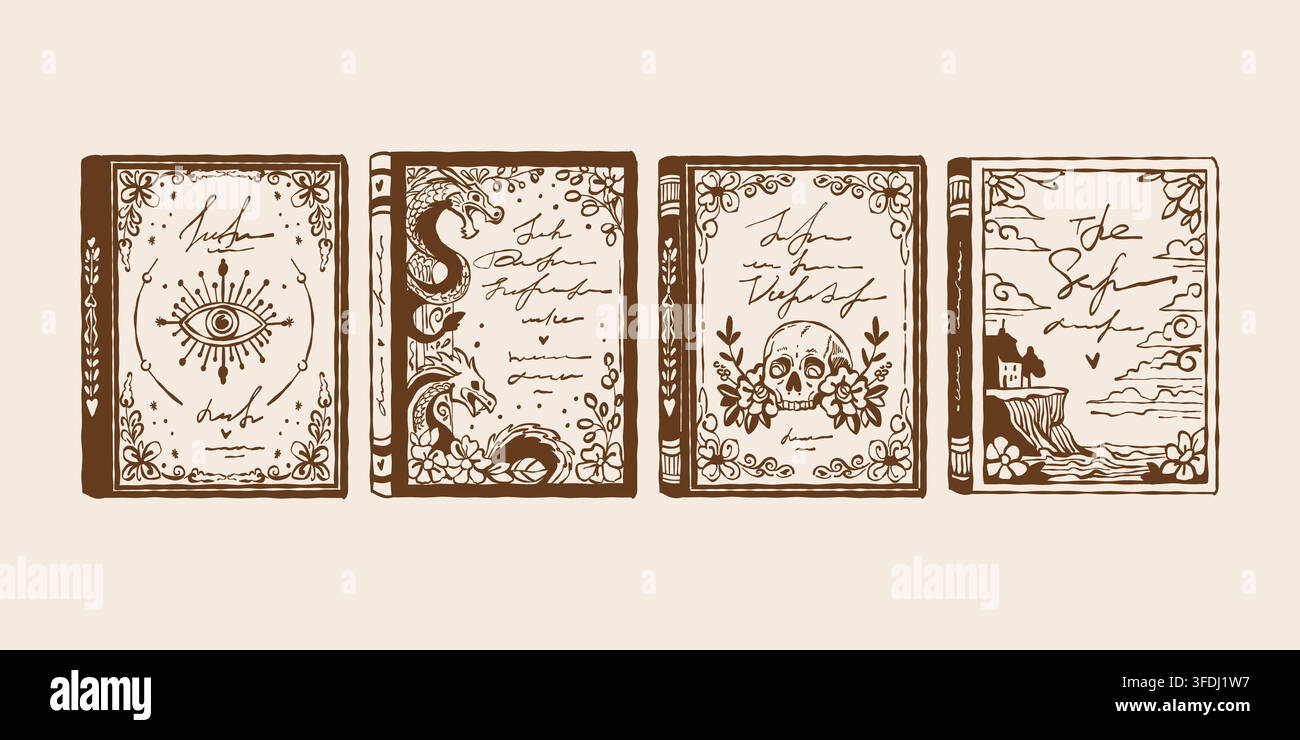 Ensemble de couvertures de livres décoratives élégantes avec des motifs floraux. Collection de livres classiques. Illustration vectorielle en trait marron. Illustration de Vecteur