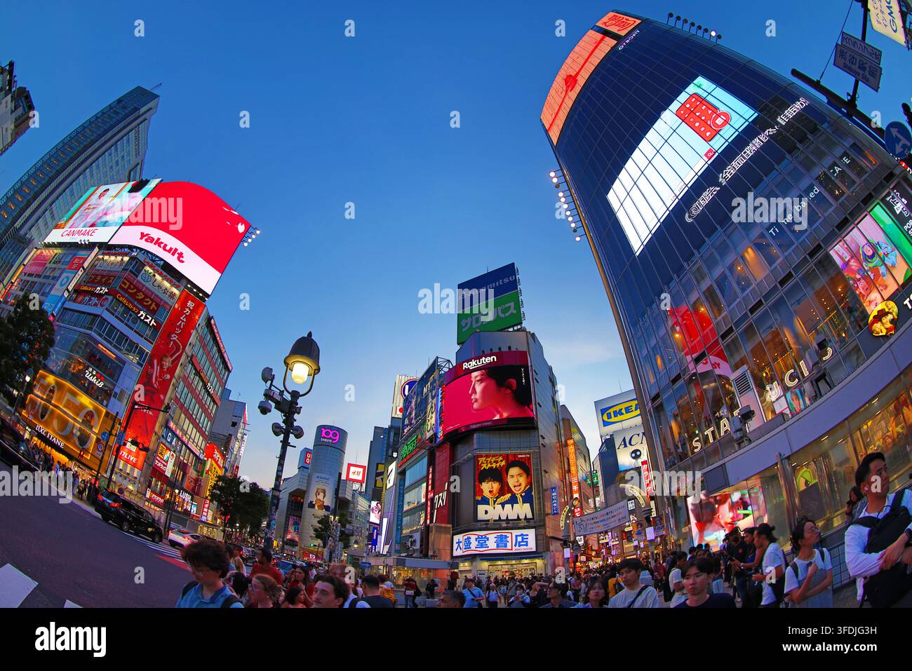 Des gens traversant le passage piéton Shibuya Scramble au coucher du soleil à l'intersection de Shibuya, Tokyo, Japon Banque D'Images