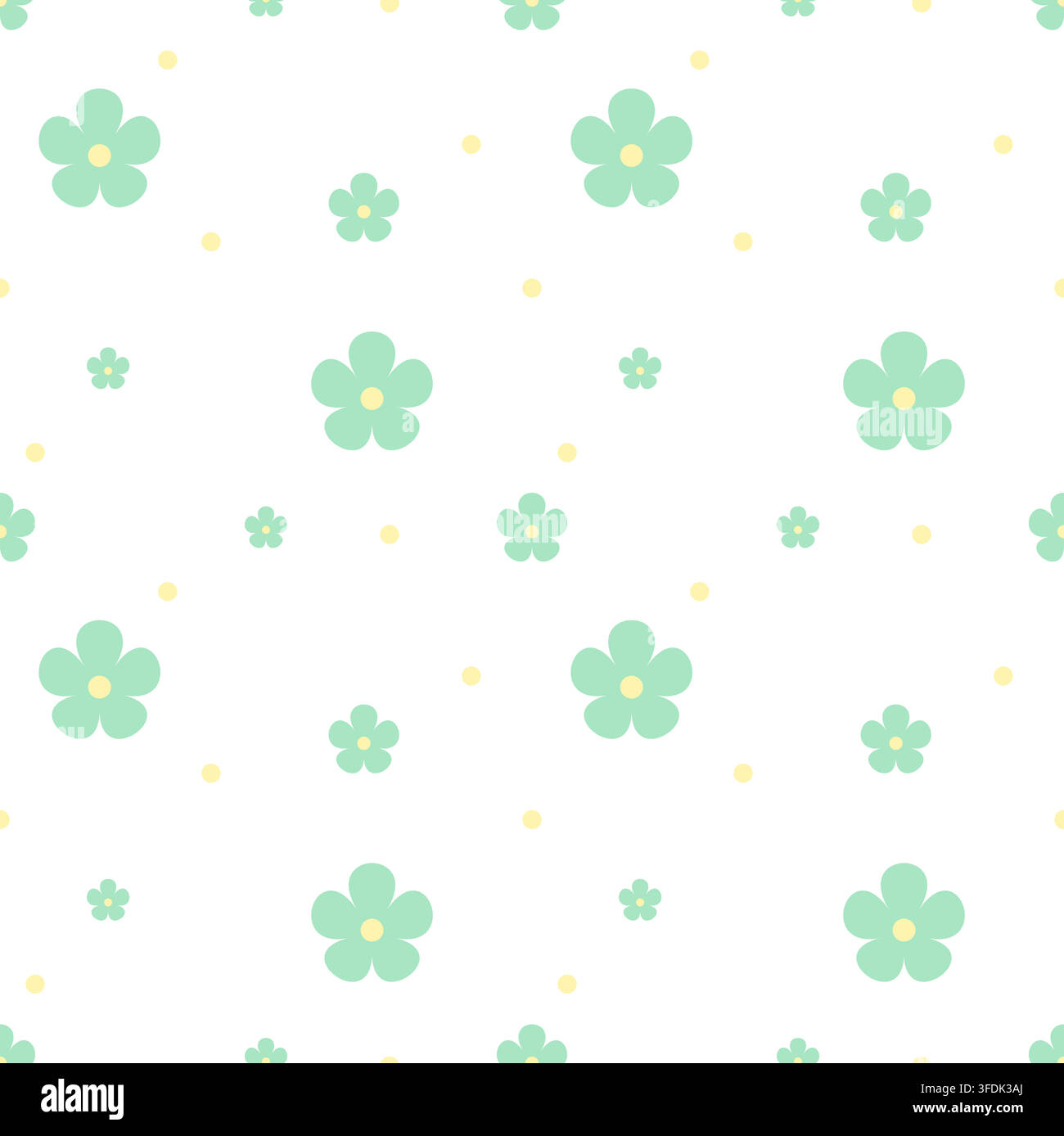 Motif floral sans couture frais présentant des fleurs vert menthe douces et des points jaune pâle sur fond blanc. Une répétition pastel propre pour textiles, papiers peints, emballages Illustration de Vecteur