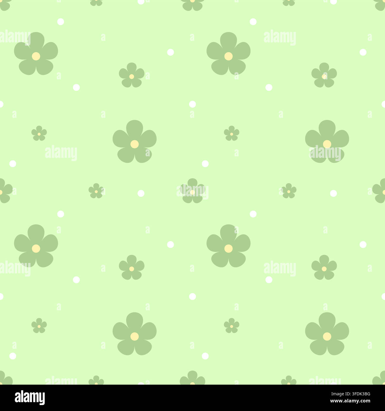 Motif sans couture frais mettant en vedette des fleurs vert sauge douces et des points blancs sur un fond vert clair. Un design ton sur ton inspiré de la nature pour tissu, Illustration de Vecteur