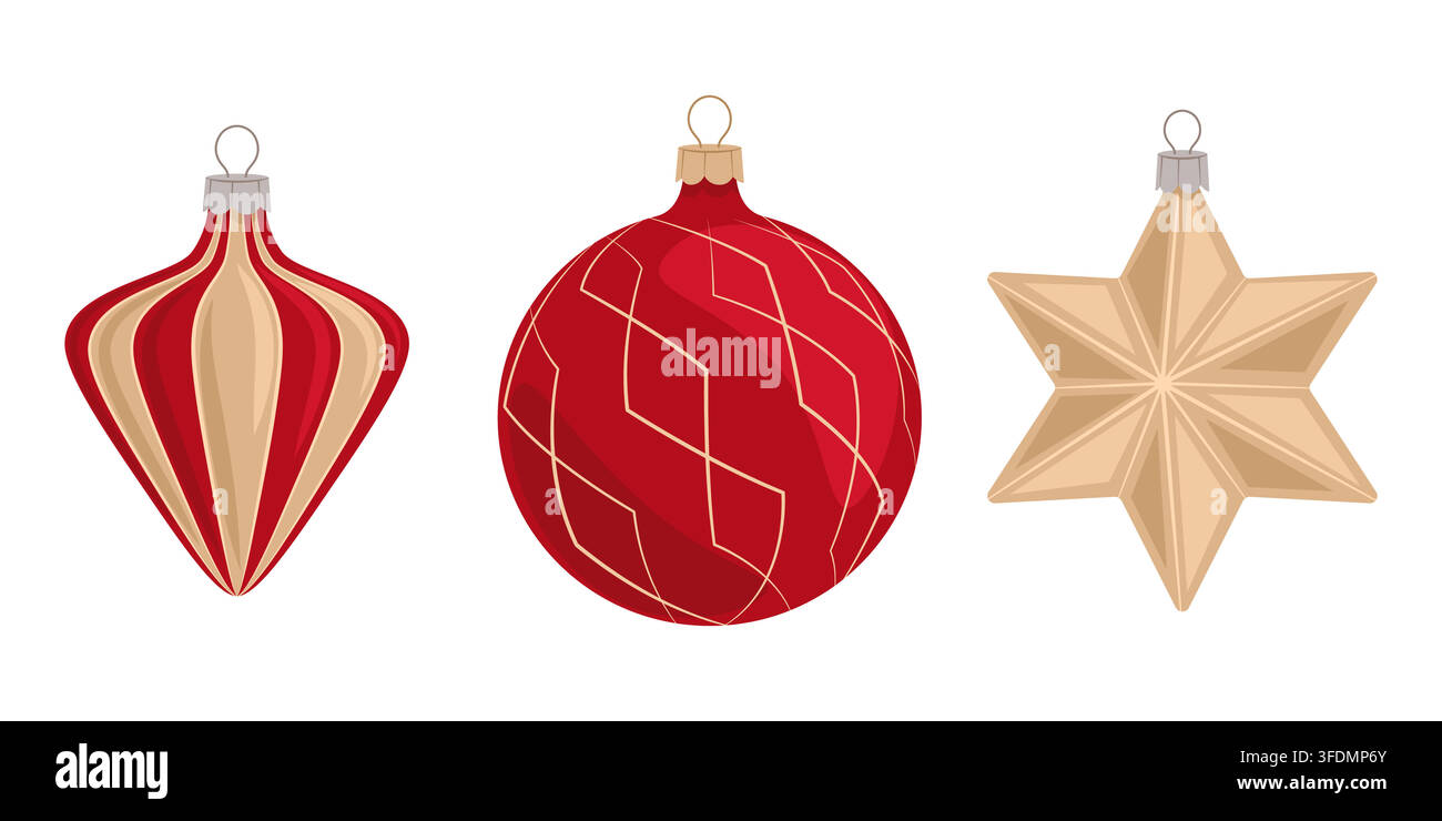 Boules de Noël classiques rouges et dorées en vecteur plat pour un design festif Illustration de Vecteur