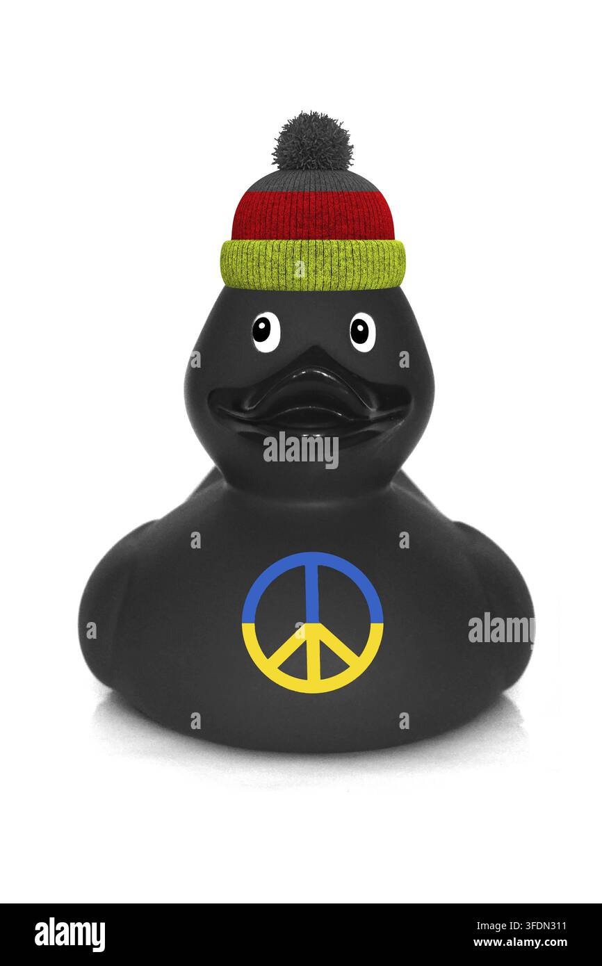 Canard, canards, canard de bain, canard en caoutchouc, paix, logo, panneau, Ukraine, paix, canard en caoutchouc, animal en caoutchouc, jouet pour enfants, découpe, photo de studio, noir, casquette, b Banque D'Images
