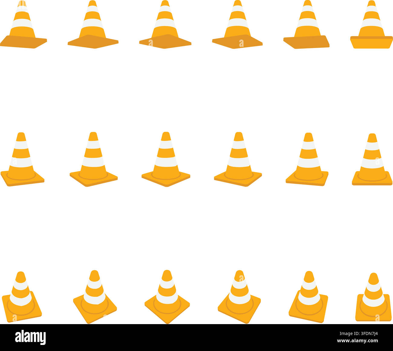 Illustration plate affichant plusieurs cônes de signalisation orange avec des rayures blanches et des formes de base compactes Illustration de Vecteur