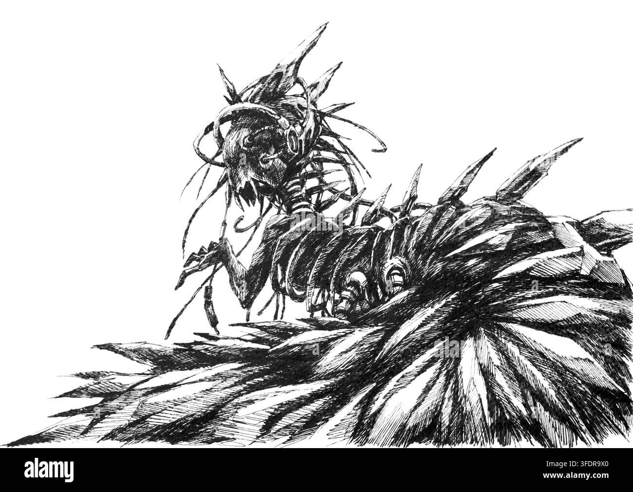 Illustration au trait à l'encre dessinée à la main d'une créature monstre cyberpunk biomécanique. Banque D'Images