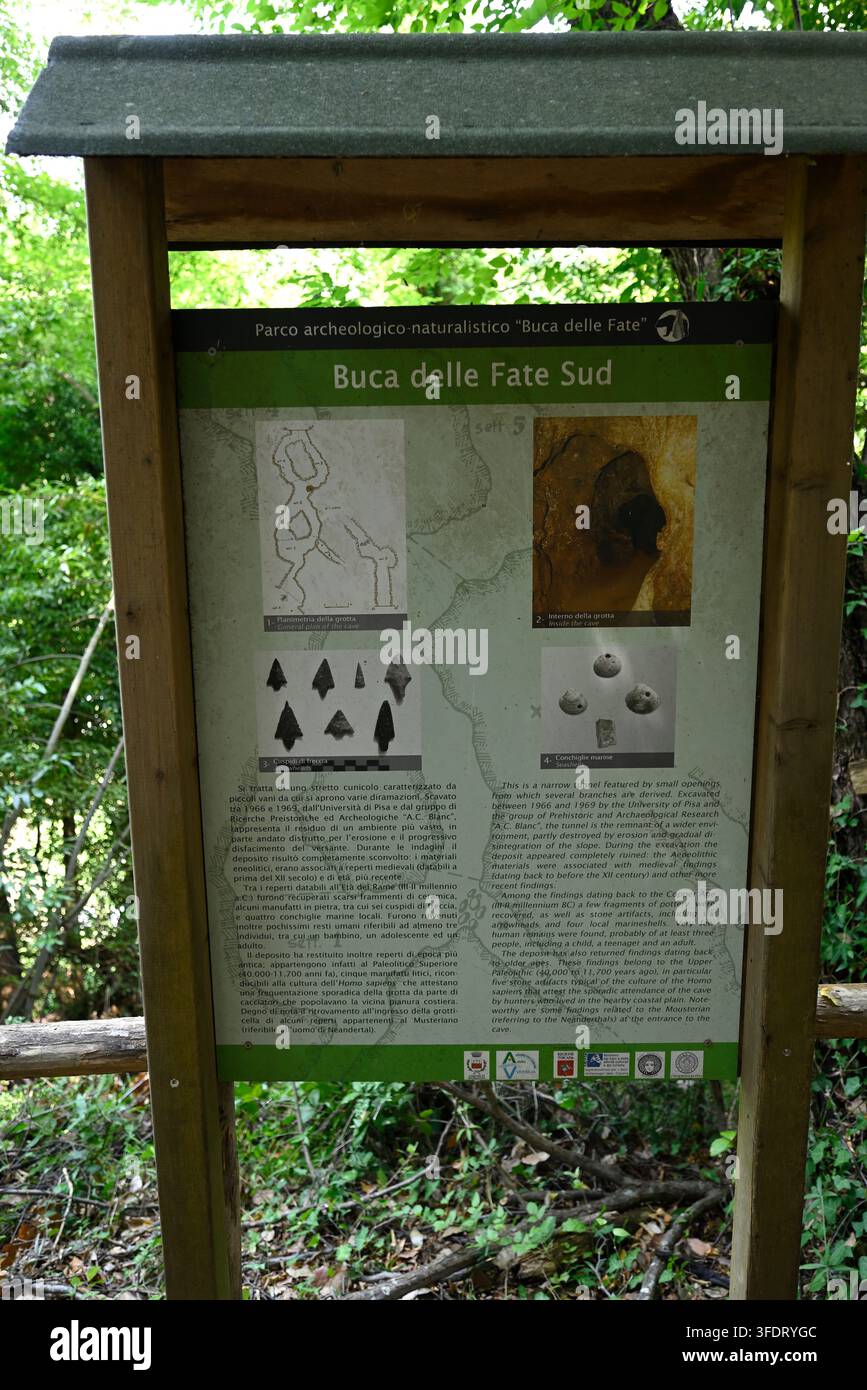 Planche de présentation en bois italien. Tableau d'affichage au parco archeologico Piano di Mommio, Massarosa, Toscane, Italie. Banque D'Images