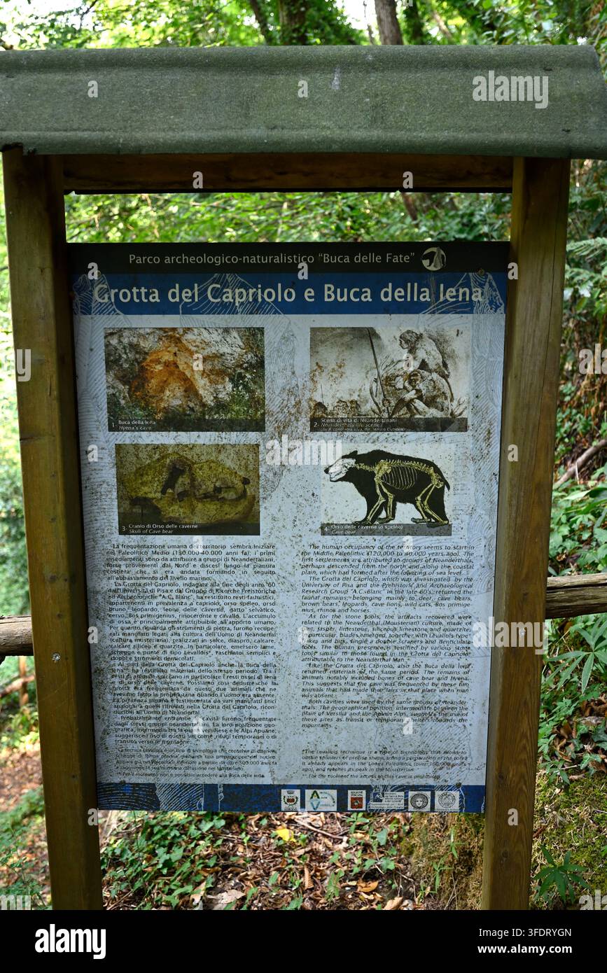 Planche de présentation en bois italien. Tableau d'affichage au parco archeologico Piano di Mommio, Massarosa, Toscane, Italie. Banque D'Images