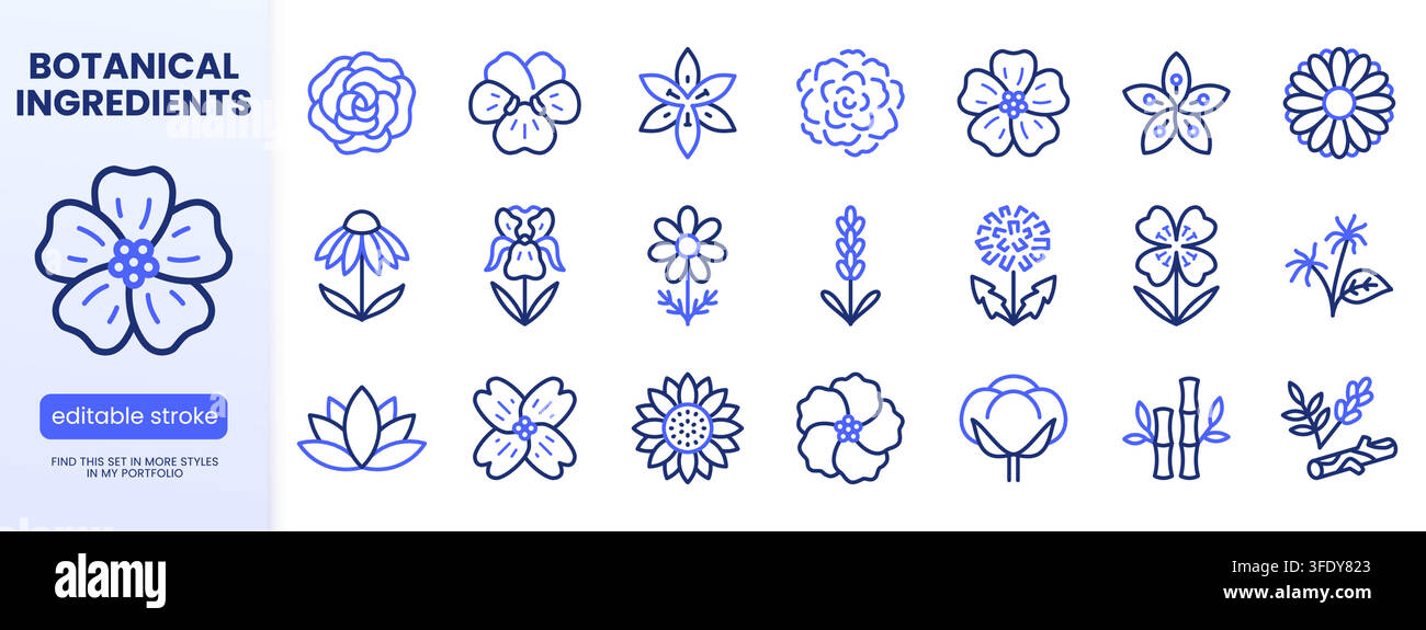 Jeu d'icônes de ligne de fleurs médicales. Rose, violette, jasmin, calendula, échinacée, iris, illustrations vectorielles minimales de camomille. Signes de contour simples pour Illustration de Vecteur