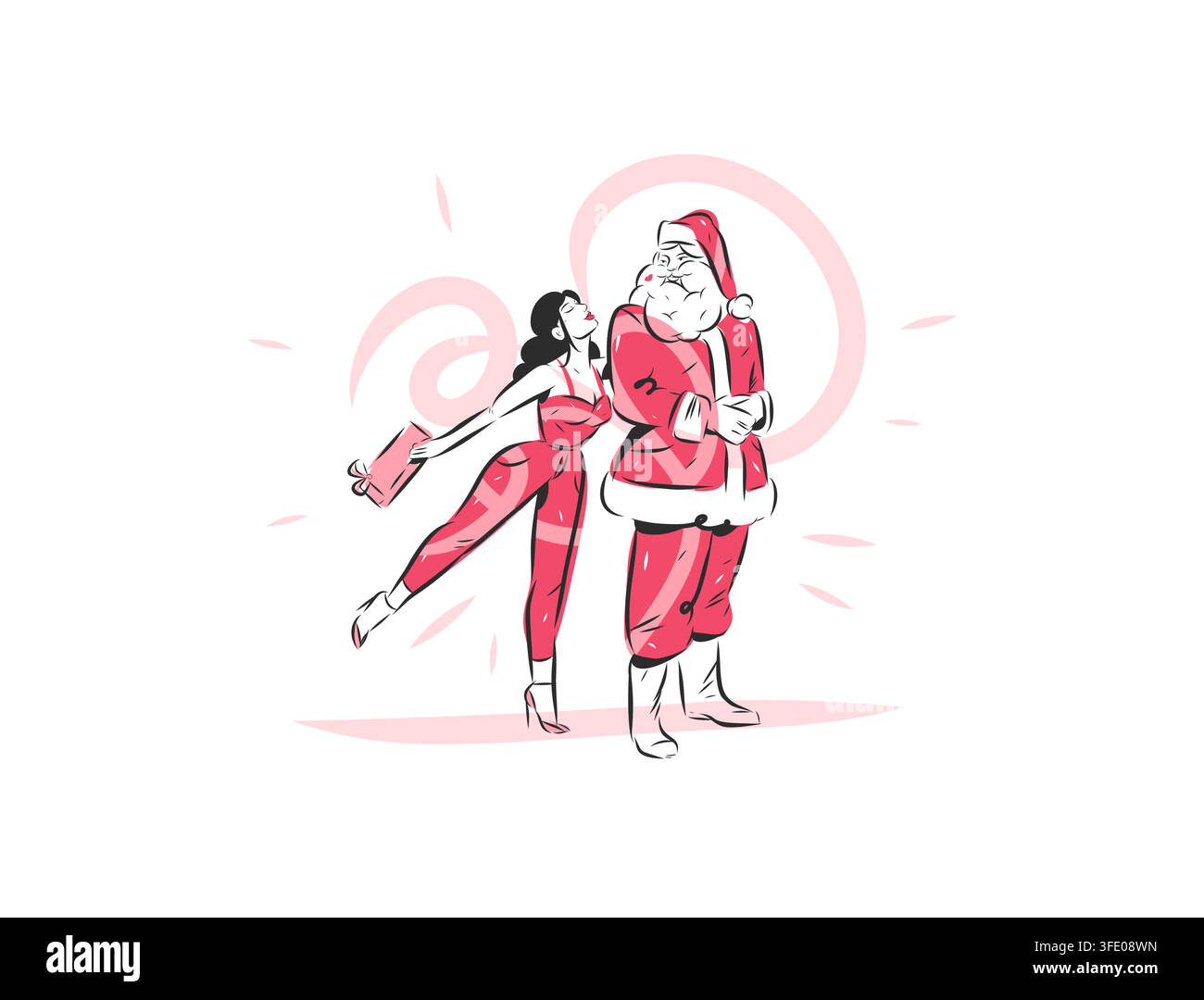 Père Noël et femme avec cadeau de Noël, achats de vacances et vente de Noël, promotion festive, célébration du Nouvel An Illustration vectorielle dessinée à la main Illustration de Vecteur