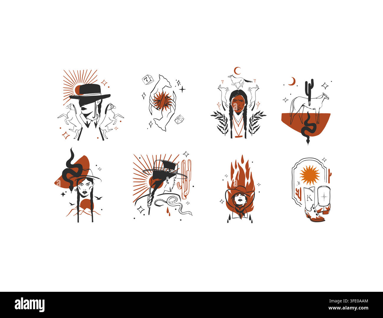 Ensemble de vecteurs Cowboy et Cowgirl du Far West, illustrations de ranch désert de rodéo occidental avec chevaux, cactus, serpent, feu et inspiré des Amérindiens Illustration de Vecteur