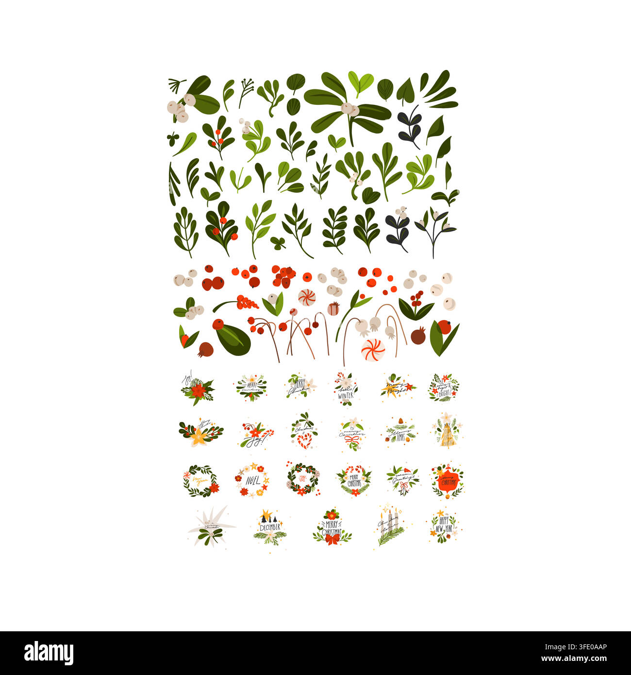 Collection vectorielle botanique de Noël, éléments floraux de vacances d'hiver, baies, feuilles, branches, couronnes et décorations festives du Nouvel An Illustration de Vecteur
